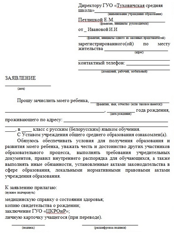 Образец заполнения заявления о переводе ребенка в другой класс